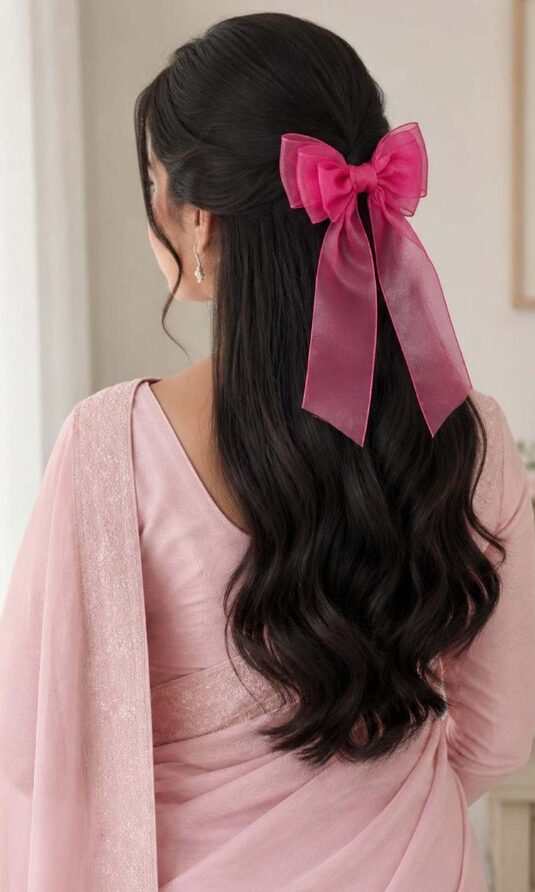 Dark Pink Layered Organza Ribbon Hairbow_Woman Model_1
