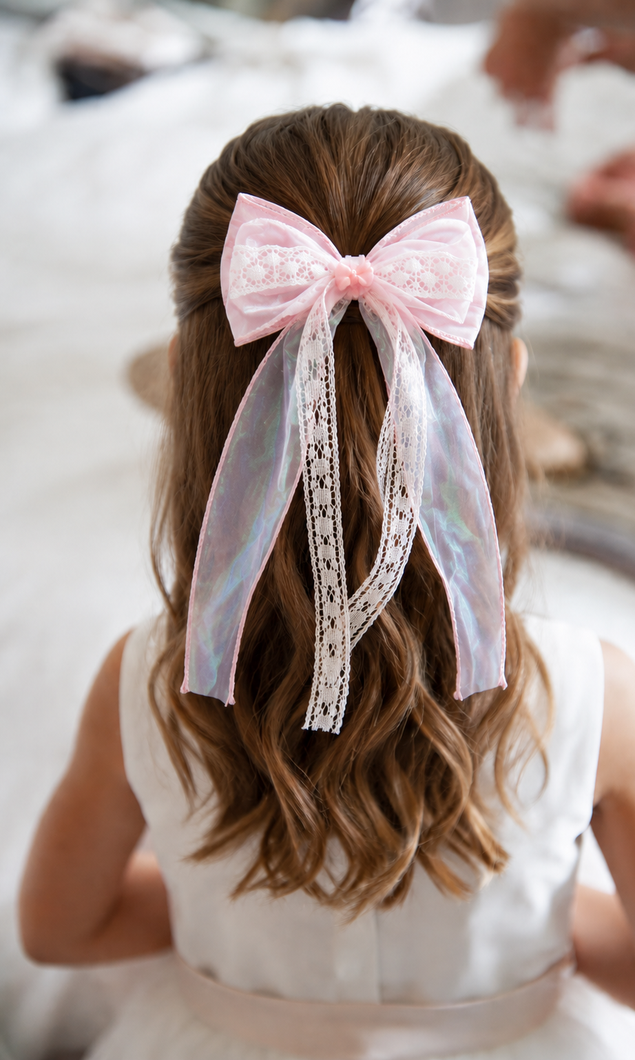 Pink Floral Lace Organza Ribbon Hairbow_Child Model