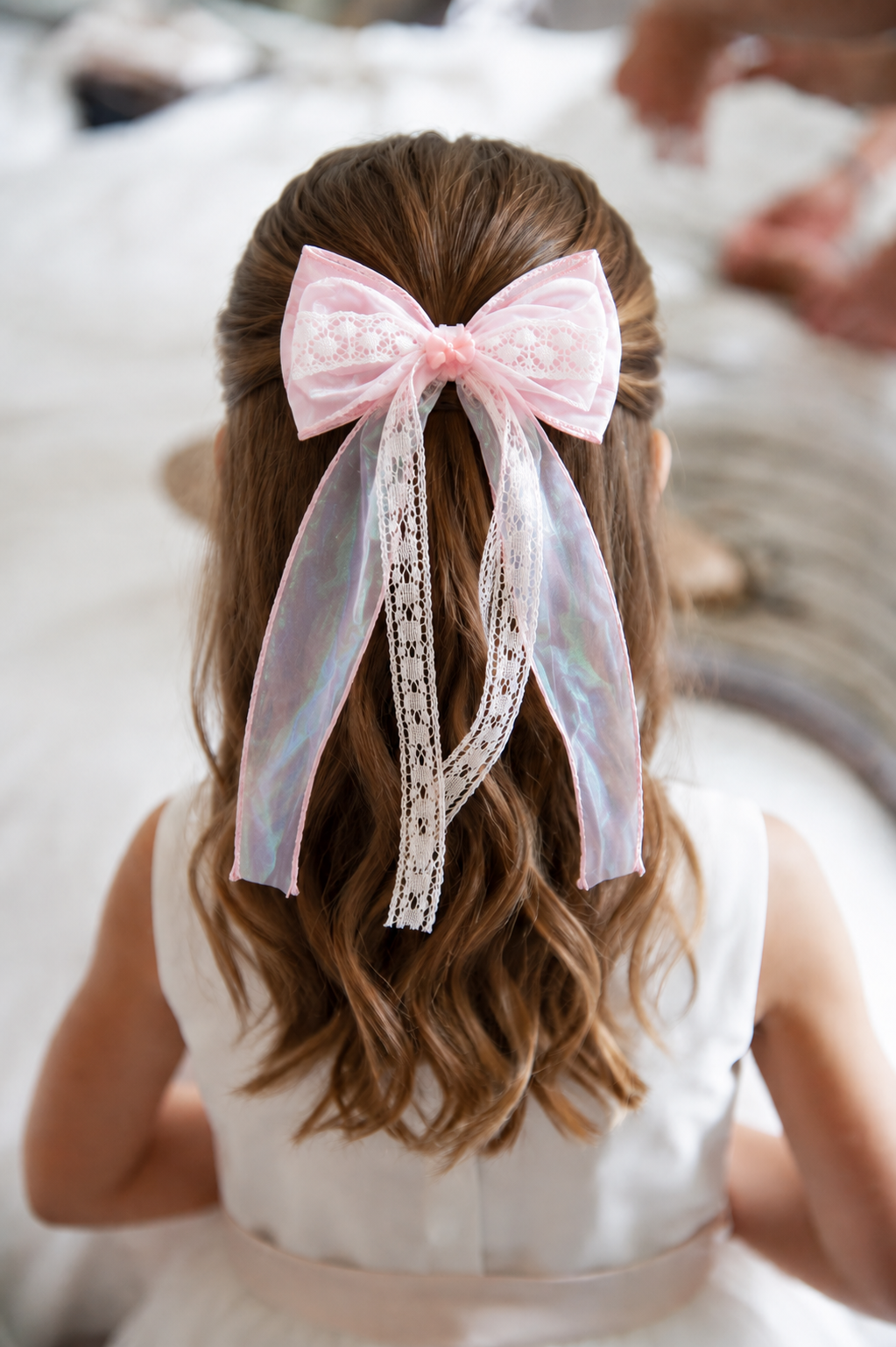 Pink Floral Lace Organza Hair Bow - Image 4