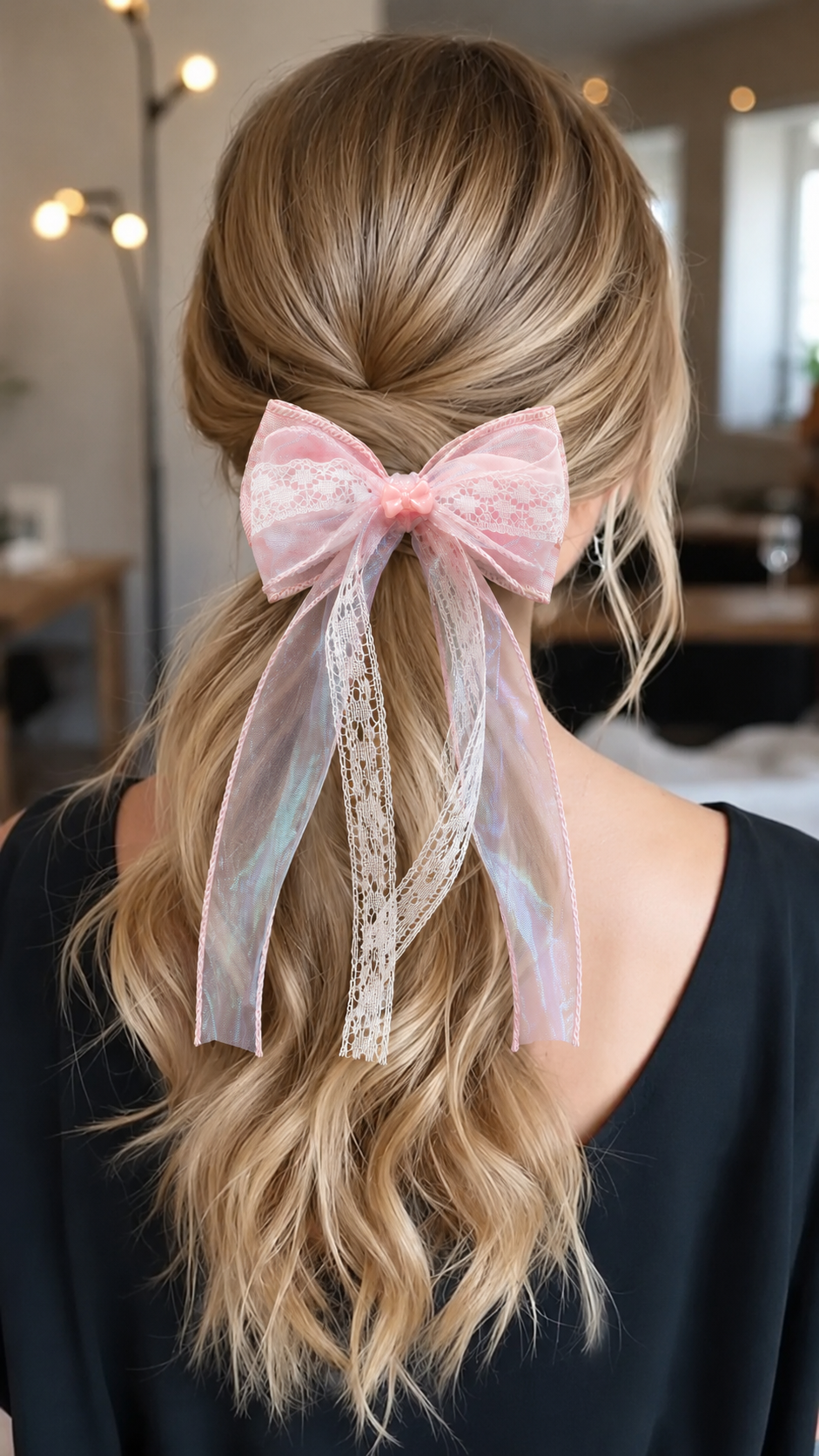Pink Floral Lace Organza Hair Bow - Image 2