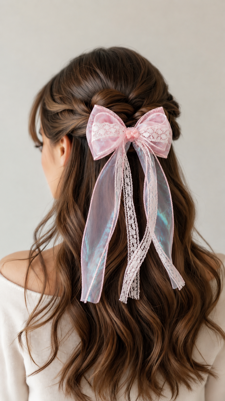 Pink Floral Lace Organza Hair Bow - Image 3