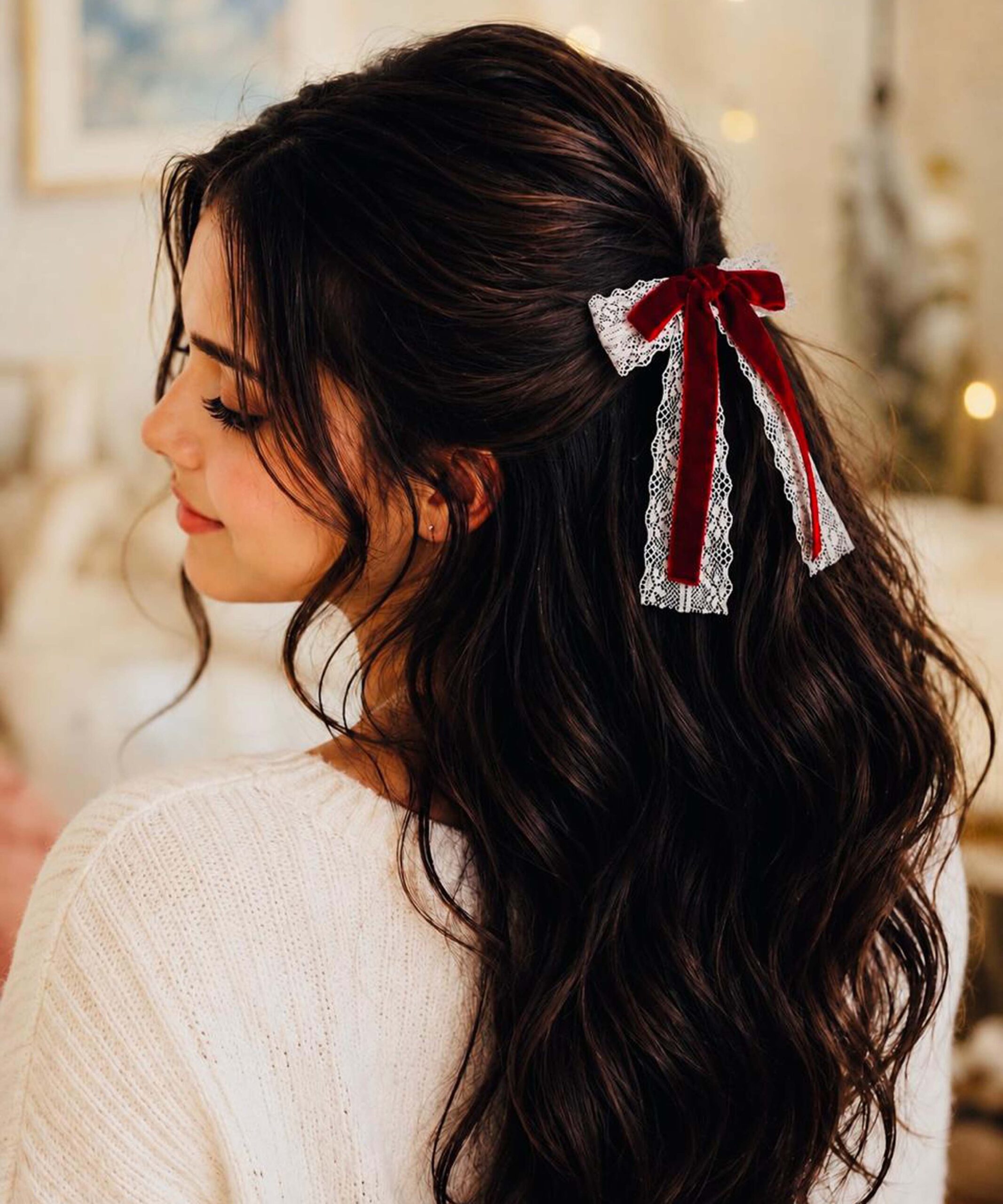 White Lace Red Velvet Hair Bow - Image 2