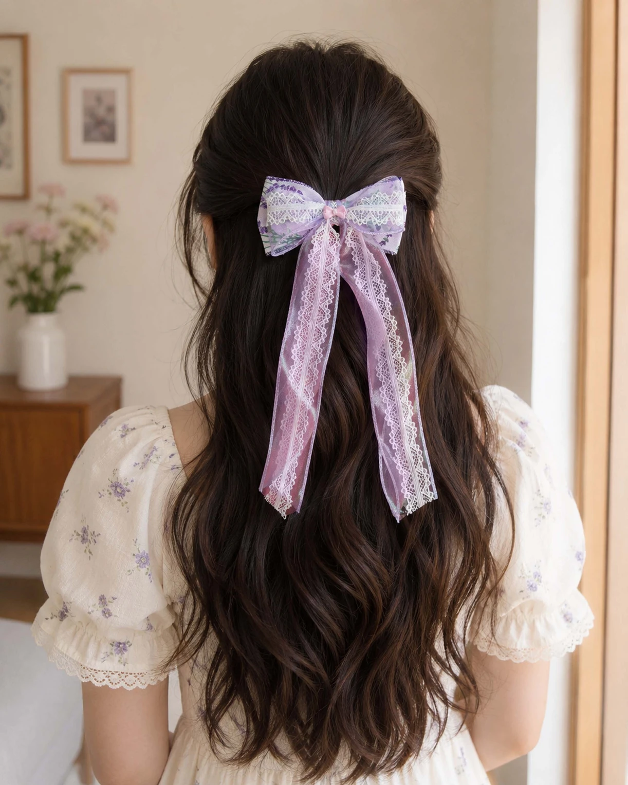 Lilac Floral Lace Organza Hair Bow - Image 2