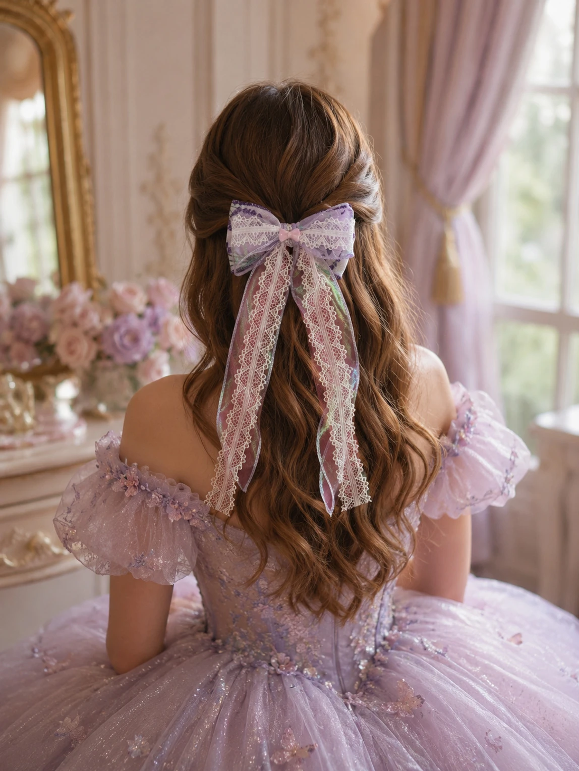 Lilac Floral Lace Organza Hair Bow - Image 3
