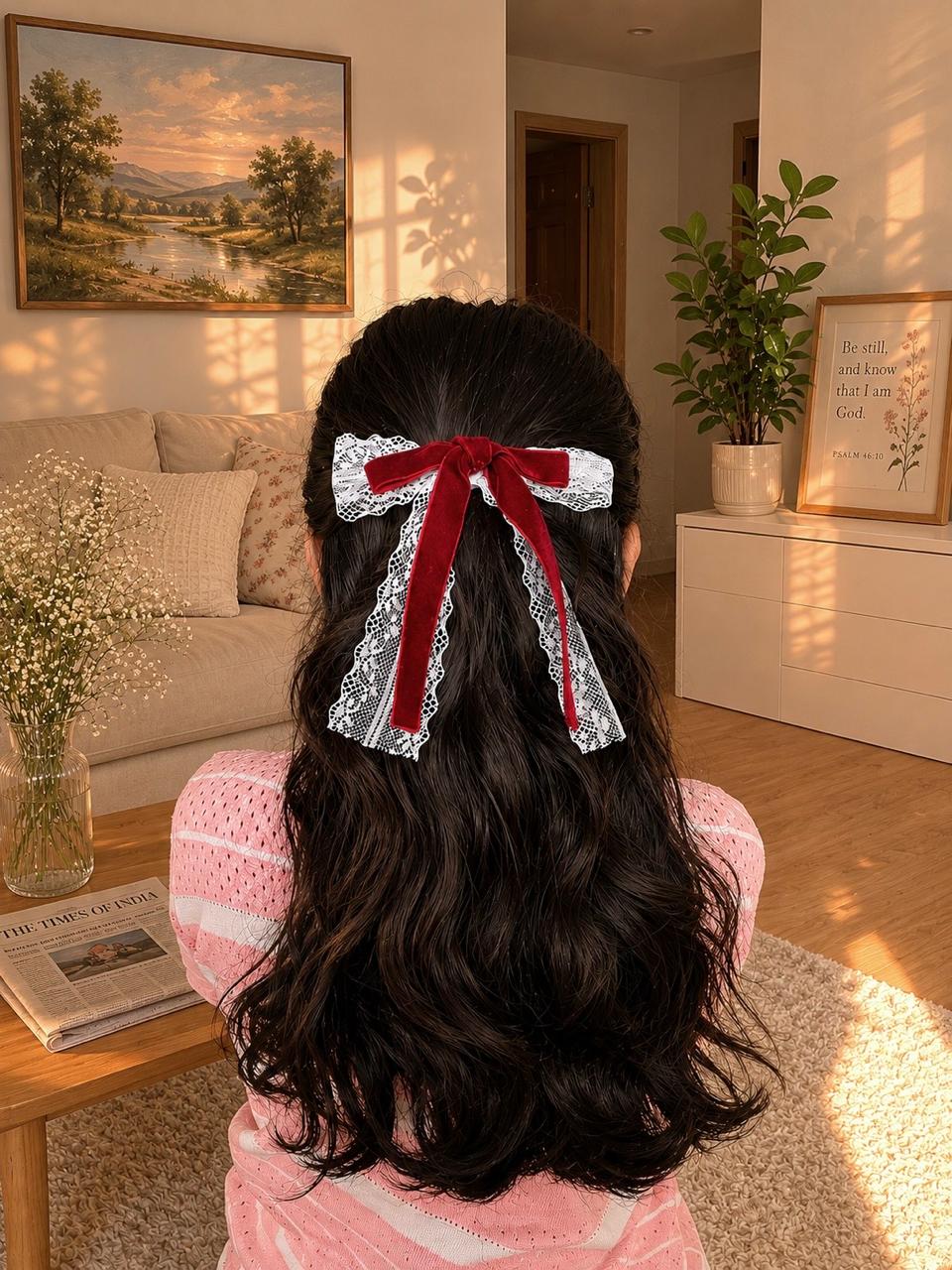 White Lace Red Velvet Hair Bow - Image 4