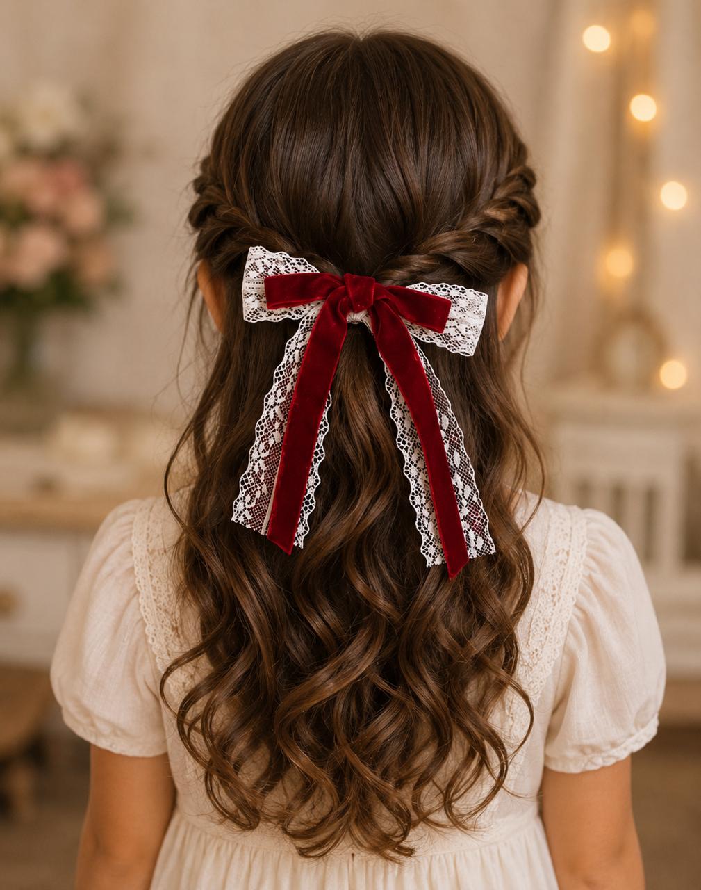 White Lace Red Velvet Hair Bow - Image 3